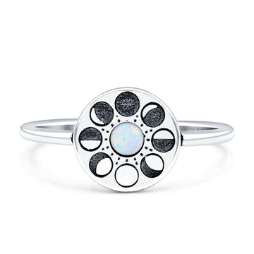 Moon Phases Ring 10mm Oxidized Round Lab Created White Opal 925 Sterling Silver Wholesale